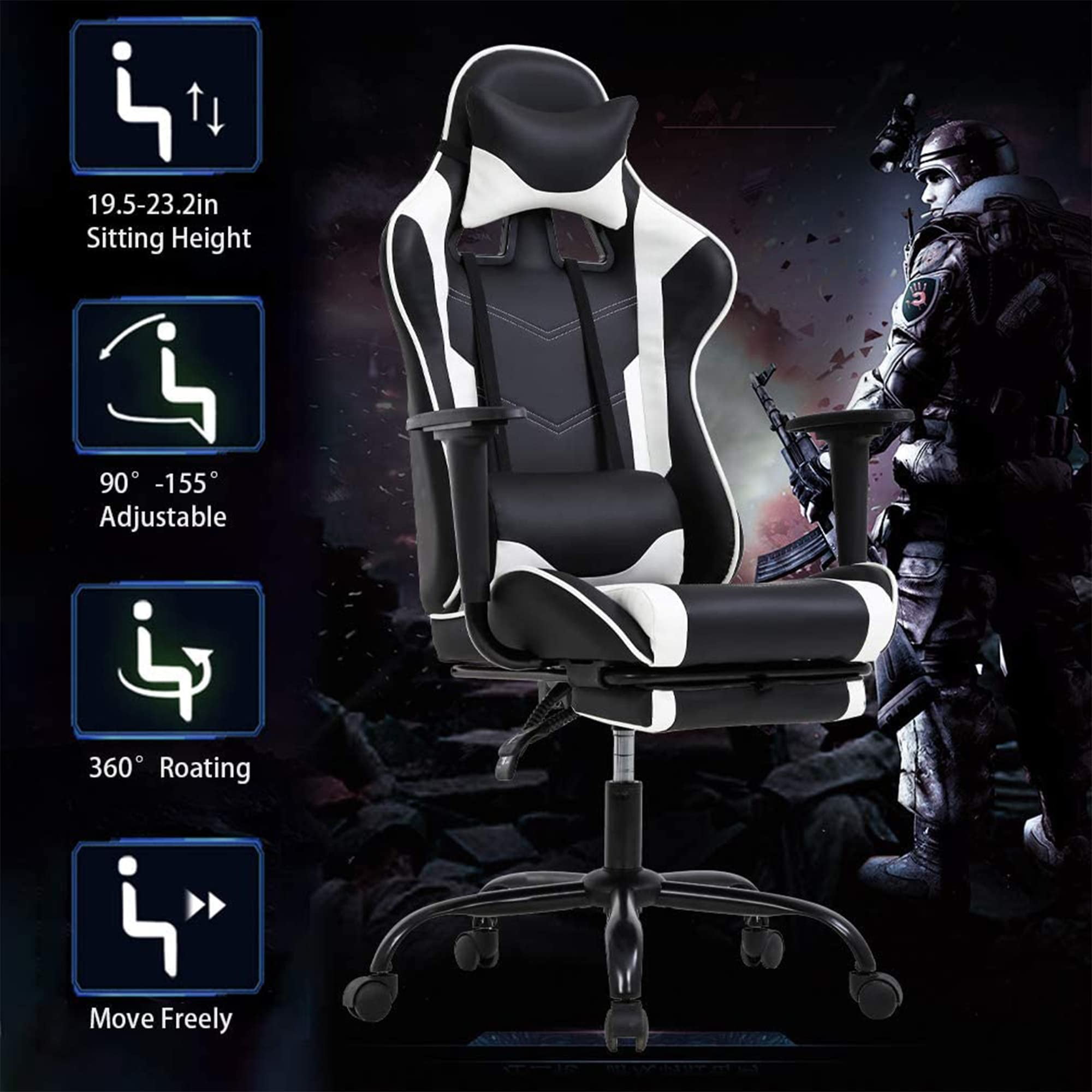 BestOffice Ergonomic Gaming Chair w/Adjustable Lumbar Pillow & Footrest, Reclining Office Computer Chair, White