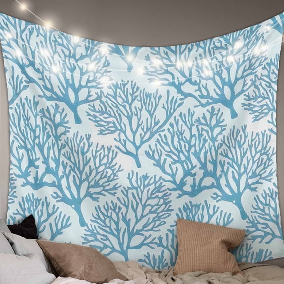 Blue Coastal Coral Tapestry for Bedroom Wall Hanging Tapestry, Farmhouse Nautical Marine Plants Ceiling Backdrop Tapestries Poster Blanket Wall Decor for Teens Room Living Room Dorm 39" x 59"