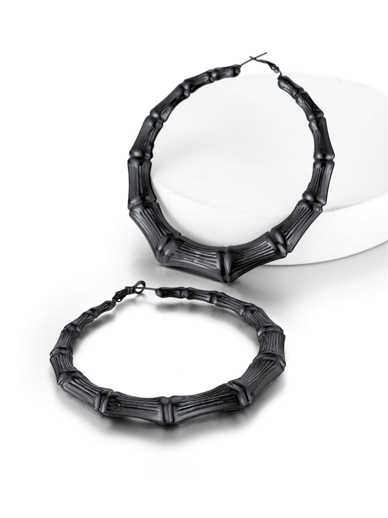 ChainsHouse Bamboo Hoop Earrings for Women Black Hypoallergenic Chunky Earring Stainless Steel Birthday Christmas Anniversary Jewelry Gift