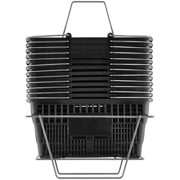 KFFKFF Retail Baskets, Pack of 12, 21L Sturdy Plastic Market Baskets with Metallic Grip and Base, 16.73 x 12.01 x 8.58 inch Compact Carry Baskets for Commercial Store Supermarket Purchases, Black