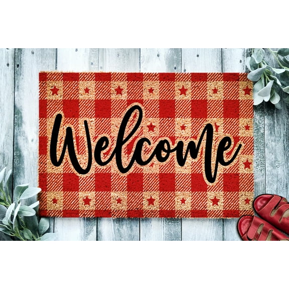 Welcome Red Plaid with Stars Doormat | Summer Housewarming Gift | Custom Doormat Closing Gift | Welcome Doormat | Front Door Home Door Mat