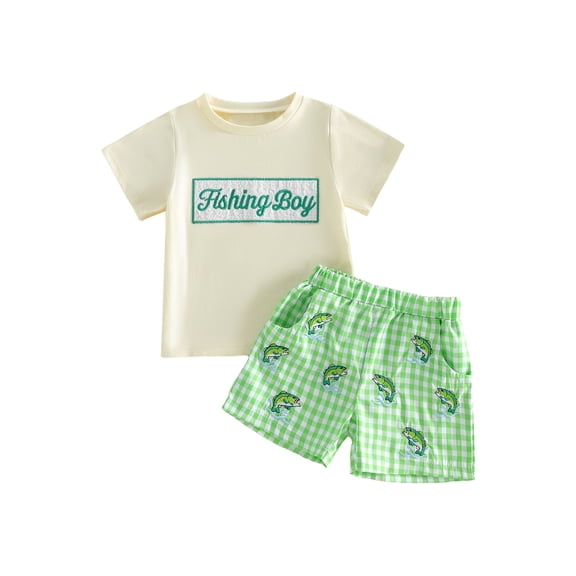 BemeyourBBs Toddler Baby Boys Fishing Outfit Infant Baby Boys Summer Clothes Short Sleeve Fishi Sailboat Embroidery Letters T-shirt with Pockets Striped Plaid Shorts Set