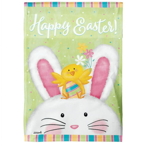 Happy Easter White Bunny Chick 8 x 18.3 Large Polyester Outdoor Hanging Garden Flag