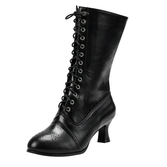 Willtoo Women's Ankle Boots - Mid Calf, Round Toe, Fall Winter Boots with Chunky Heel & Lace Up Detail Black 5.5