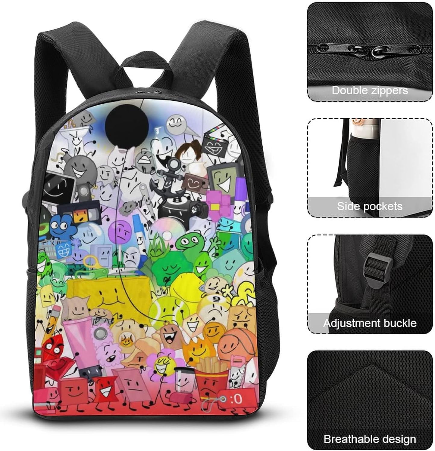 Battle for Dream Island Backpack BFDI Bookbag Casual 3 in 1 Backpack Set Anime Bookbag With Lunch Box And Pencil Case, Black