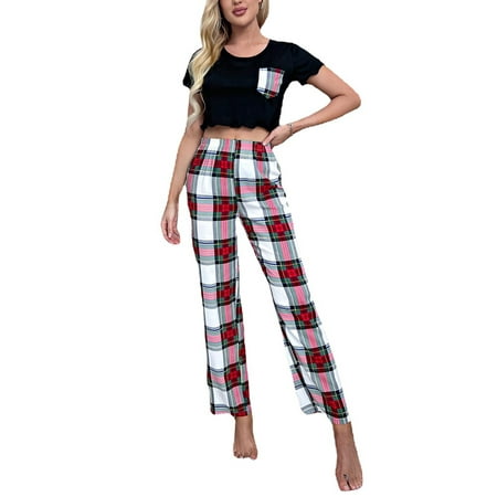 

Cindysus Women Short Sleeve Lounge Set Two Pieces Outfits Sleepwear Pjs Plaid Print Tops and Pants Elastic Waist Pajamas Sets