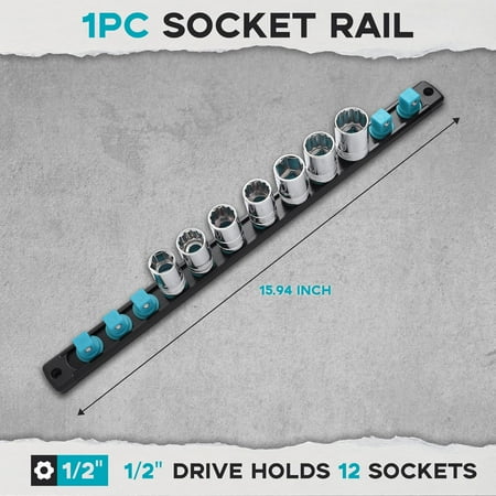 GHRTGR-1/2-Inch Drive Magnetic Socket Organizer Heavy Duty Aluminum Socket Rail Organizer 360&deg; Swivel Clips Socket Holder Kit for Tool Box 1/2-Inch Socket Holder x 12 Clips (Aqua Blue)
