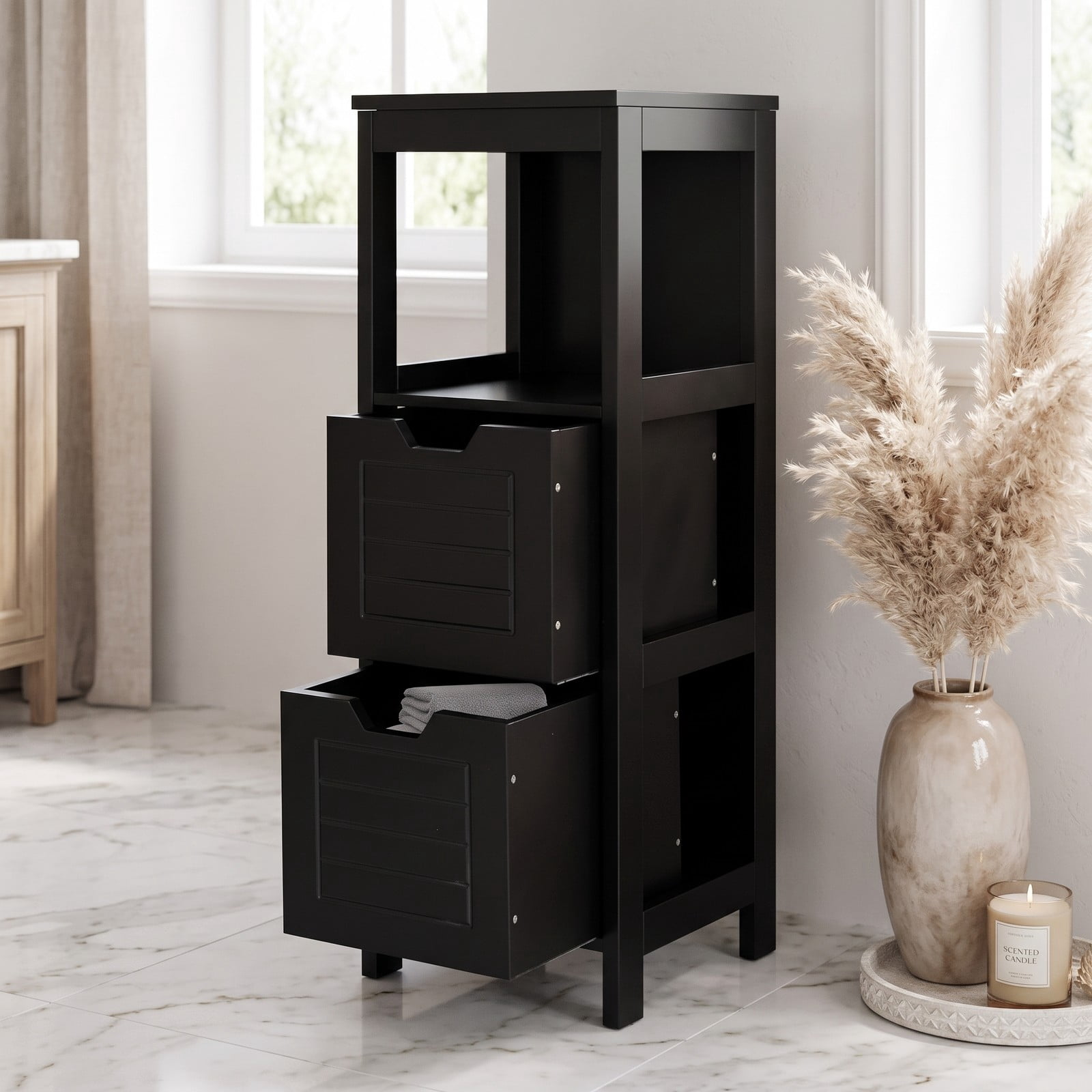 ALPULON Bathroom Wooden Floor Cabinet Multifunction Storage Rack Organizer, Freestanding Storage Stand with 2 Drawers and 3 Open Shelves for Living Room Bedroom, Black