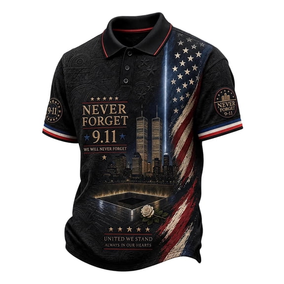 GIPQJK September 11th 25th Anniversary Commemorative T-Shirt for Unisex American Flag Shirts Short Sleeve Collared Button Polo Shirts 911 Memorial Patriotic We Will Never Forget Clothing,Navy XL