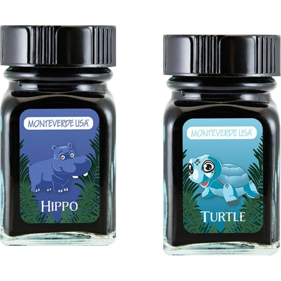 Monteverde 60ml Ink, Hippo (Dark Blue), Turtle (Turquoise) Jungle Ink (G309HI, G309TU) Fountain Pen Ink (30ml Each Ink Bottle, 2 Pack)