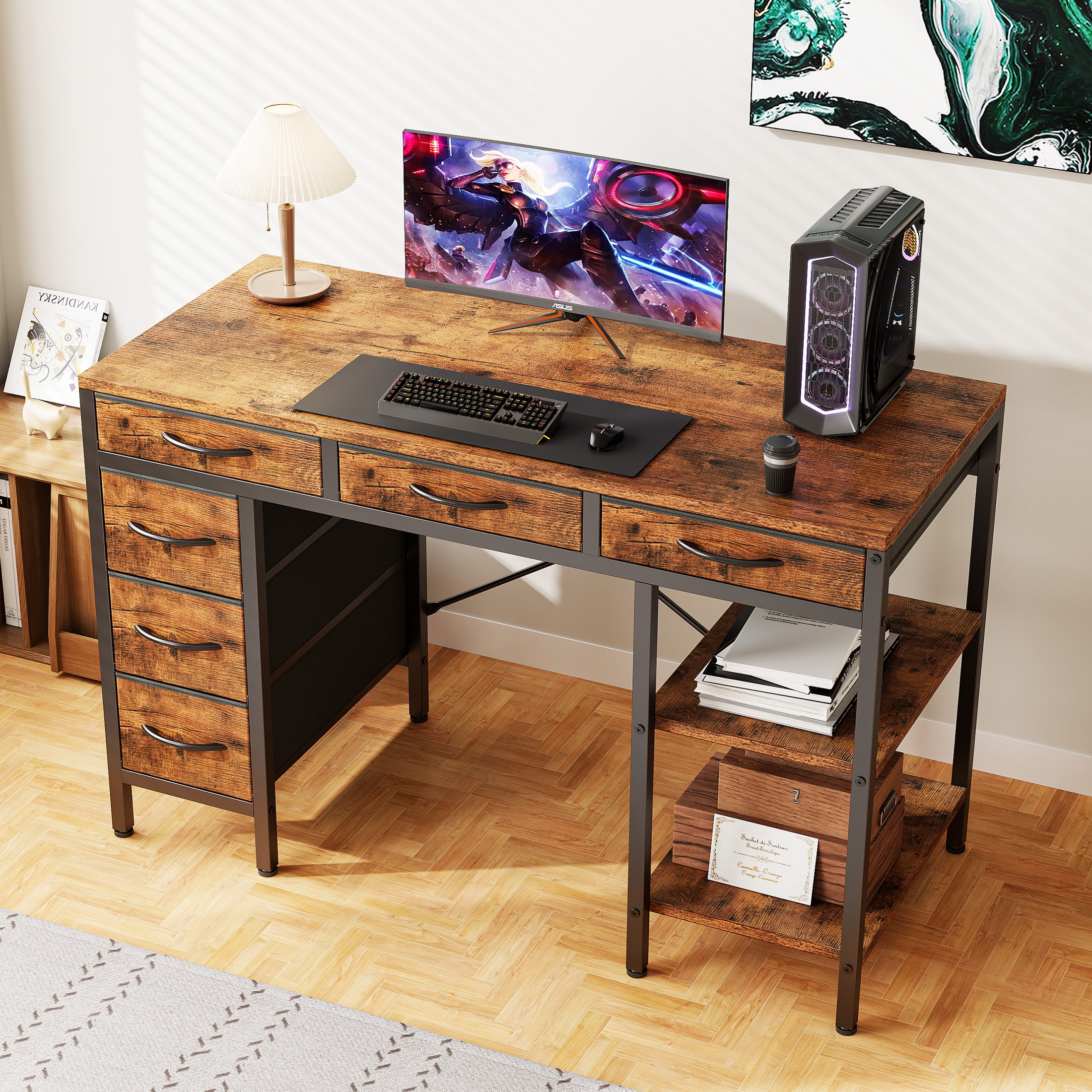CONCETTA 47 inch Computer Desk with 6 Drawers & 2 Open Shelves, Modern Home Office Desk with Storage, Writing Study Desk for Bedroom, Workspace，Rust