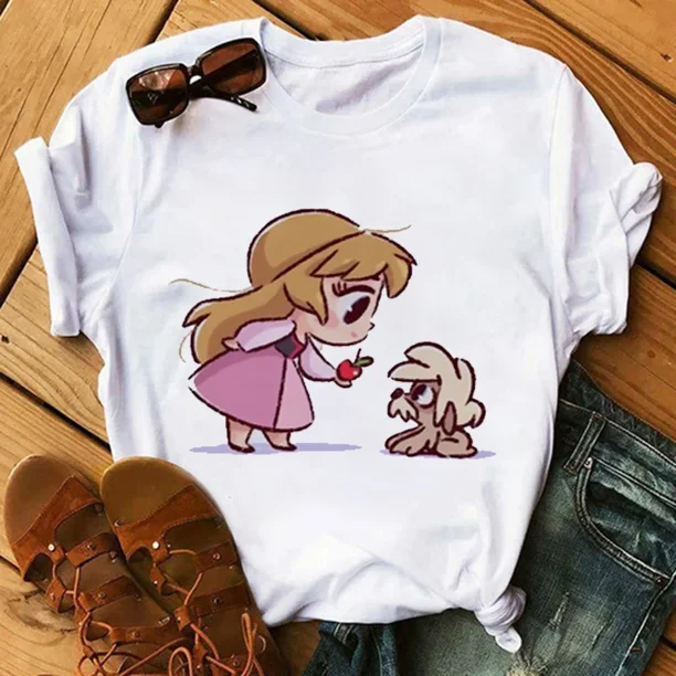 Camiseta con estampado con dibujo de princesa de Disney para mujer, pantalón corto informal a la moda, camisetas de manga, camisetas con estampado gráfico de dibujos animados de los años 90