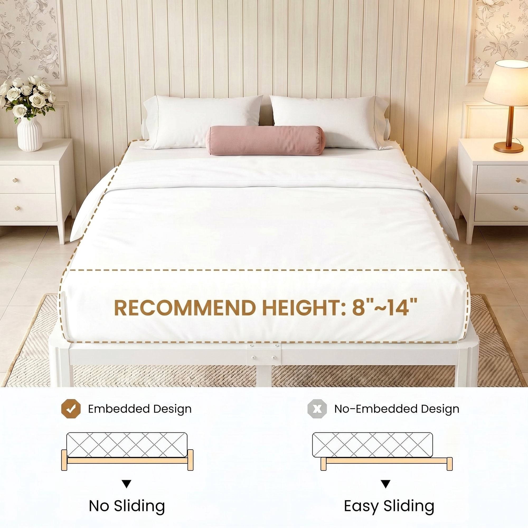 Merrland Queen Bed Frame, 14" Metal Platform Bed Frame with Fan-Shaped Legs, 3500 lbs Capacity, Under-Bed Storage Space, Easy Assembly, White