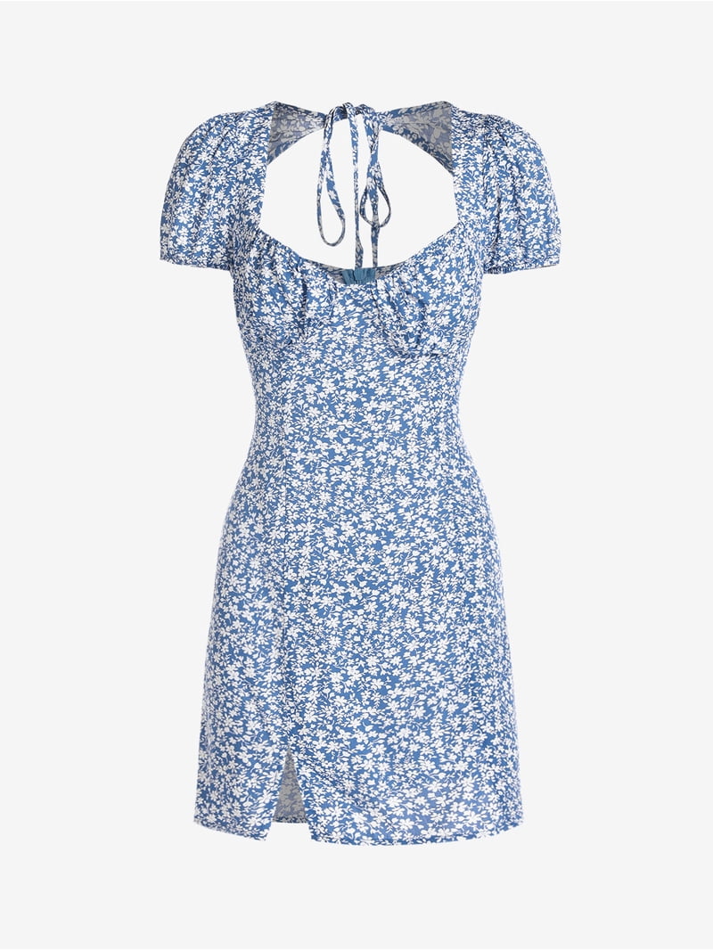 ZAFUL Women Leisure Tiny Floral Tie Back Puff Sleeve Milkmaid Dress Light  Blue S - Walmart.com