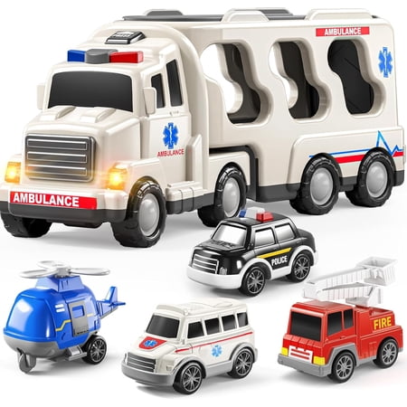 5 Pack Emergency Rescue Ambulance Car Vehicle Toddler Truck Toys for 2 3 4 5 6 Year Old Boys Friction Power Cars with Rescue Helicopter Police Car Fire Truck Birthday Gifts for Girls Age 3-8