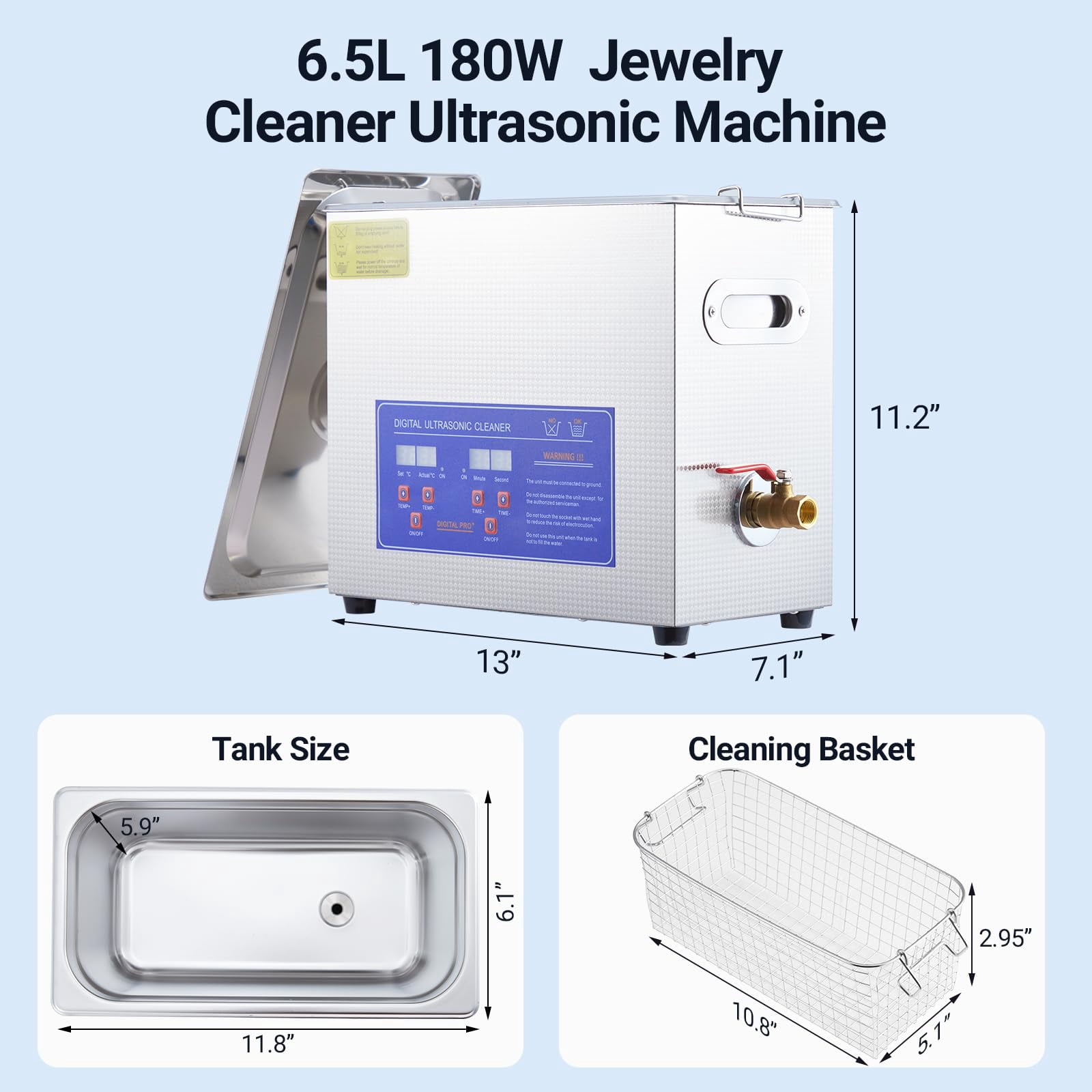 6.5L Professional Ultrasonic Cleaner | Commercial 40kHz with Digital Timer & Heater | for Jewelry, Watches, Eyeglasses & Small Parts Cleaning
