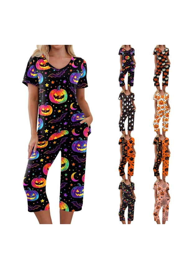 Women's Halloween Loungewear Set Short Sleeve Crew Neck Top and Capri Pants with Pockets All Over Ghost Pattern Breathable Soft Pajama Set for Daily Casual Wear Multicolor 3XL