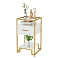 thumbnail image 1 of White & Gold Modern Coffee Table – 3-Tier bedside table with Tempered Glass Top, Storage Drawer, Steel Frame, Easy Assembly – White Board Gold Frame, 1 of 8