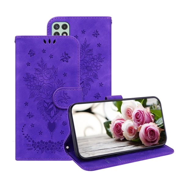 For Samsung Galaxy A22 5G (Not Fit A22 4G) Phone Case, Retro Leather Embossed Pattern Magnetic Folio Wallet Flip Holder Kickstand Card Cash Pocket Protective Case,Purple
