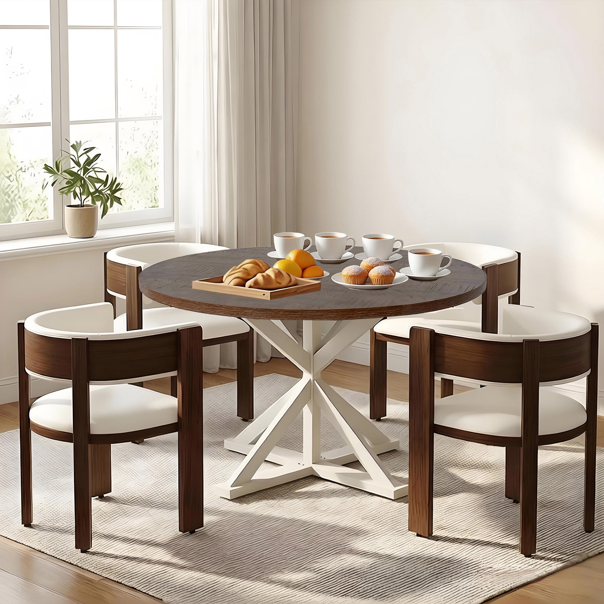 47" Round Dining Table for 4 to 6 People, Modern Farmhouse Kitchen Table with Thickened Waterproof Top, Sturdy X-Base Pedestal Table for Small Spaces, Dining Room, Rustic White