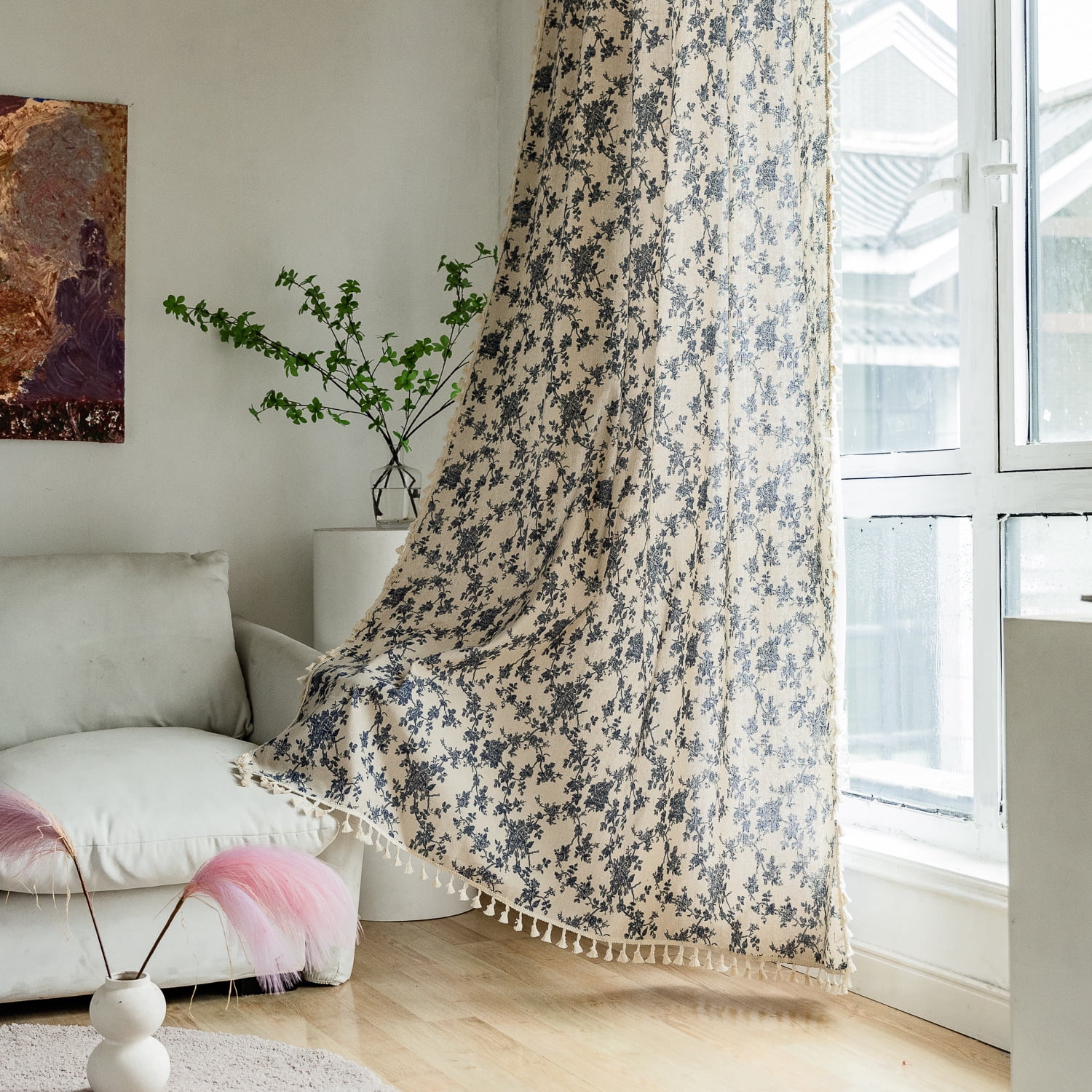 UU&T Vintage Floral Curtains for Living Room, Semi-Blackout Farmhouse Linen Curtains with Tassels Set of 2 Panels, 52" x 84"
