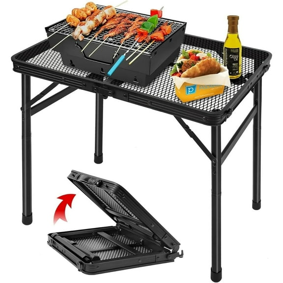 TEAFIRST Portable Folding Grill Table, Outdoor Camping Table with Mesh, Height Adjustable, Black