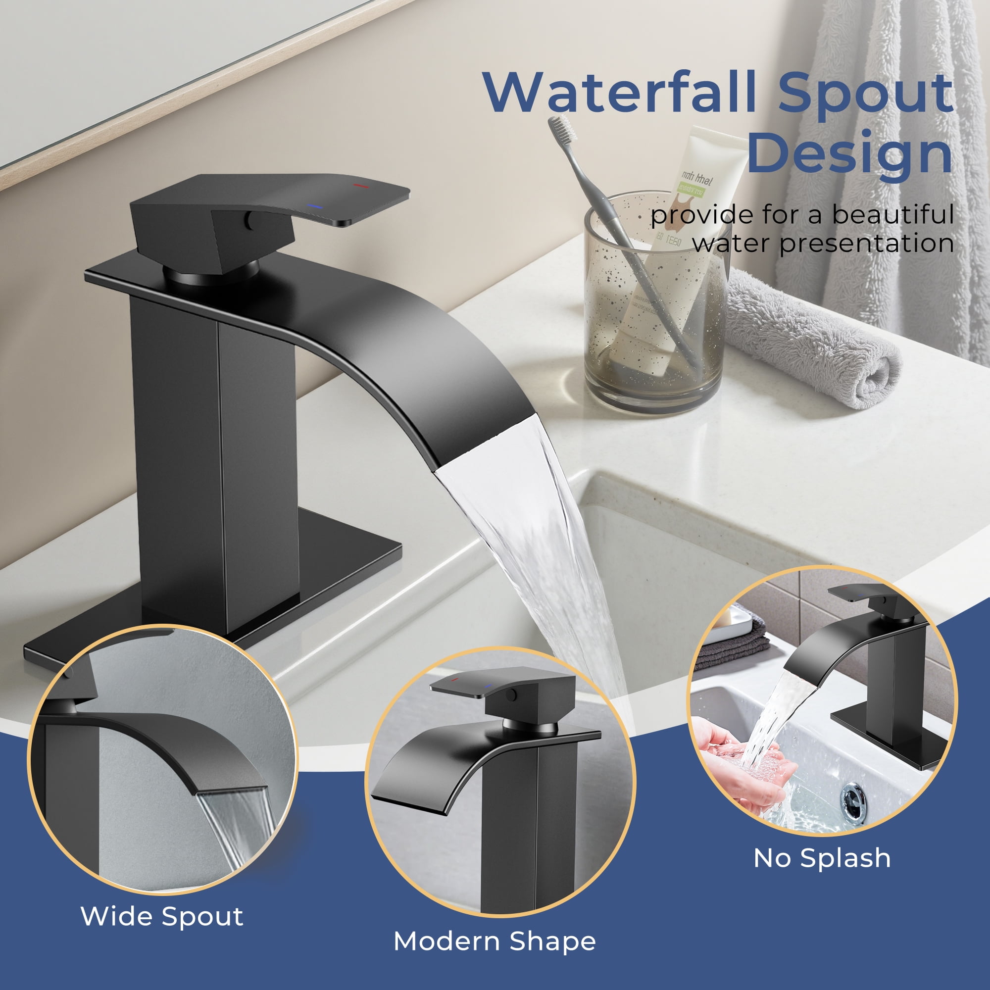 TVOFEK Black Waterfall Bathroom Faucet 1 or 3 Hole, Single Handle Bathroom Sink Faucet with Deck and Pop-up Drain for Lavatory Washbasin