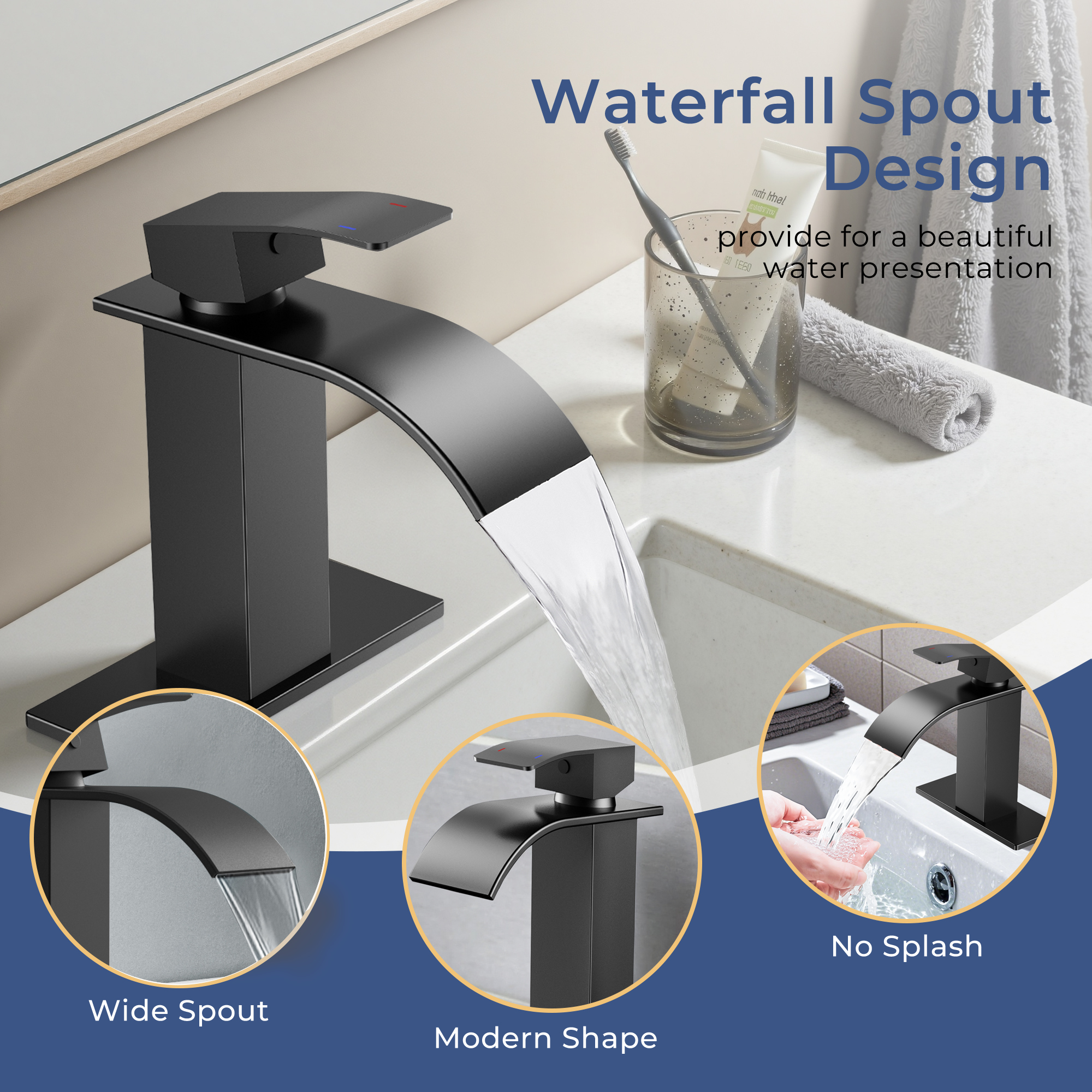 TVOFEK Black Waterfall Bathroom Sink Faucet with Pop-Up Drain photo 4