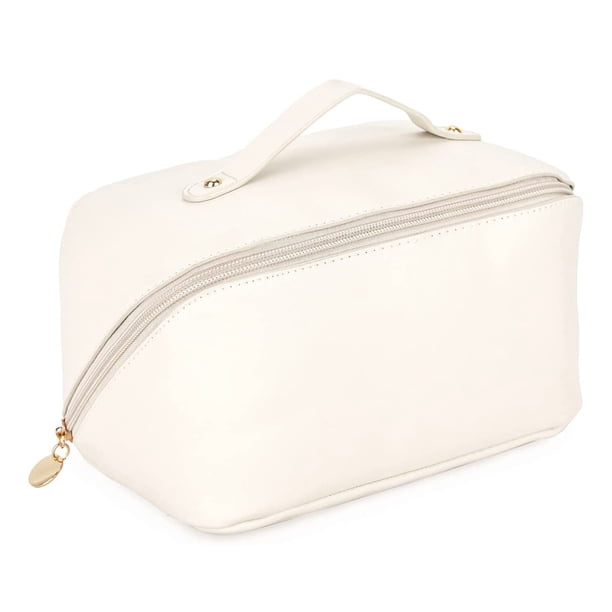 Bolsa de maquillaje de viaje, bolsa de maquillaje de apertura grande, bolsa de maquillaje portátil que se abre plana para fácil acceso, bolsa de maquillaje de cuero PU, organizador de cosméticos