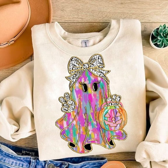 Gold Glitter Ghost Halloween Sweater, Coquette Bow Girls Dalmatian Brushstroke Fall Holiday Sweatshirt