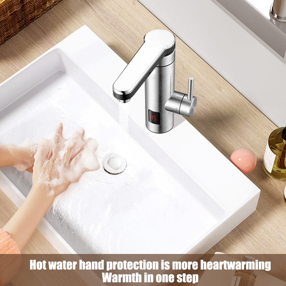 YAHHU Tankless Electric Faucet 3300W Fast Heating Water Tap LED Temp Display 304 Stainless Steel 360 Rotation Single Handle for Bathroom, Silver UK Plug (8.66 inches / 220 mm)