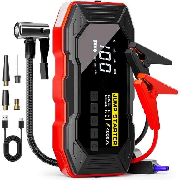 ZIYOGIFT Emergency Car Battery Jump Starter with Air Compressor, 4000A, 160PSI Tire Inflator
