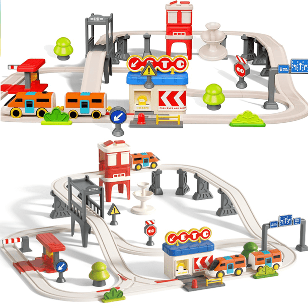 HYPERLIVING Juego de Tren Eléctrico de Ferrocarril Urbano para Niños, Juego de Tren con Batería de 55 Pzas, Juguetes de Tren Magnéticos con Accesorios de Música y Vías de Tren, Regalos de Cumpleaños