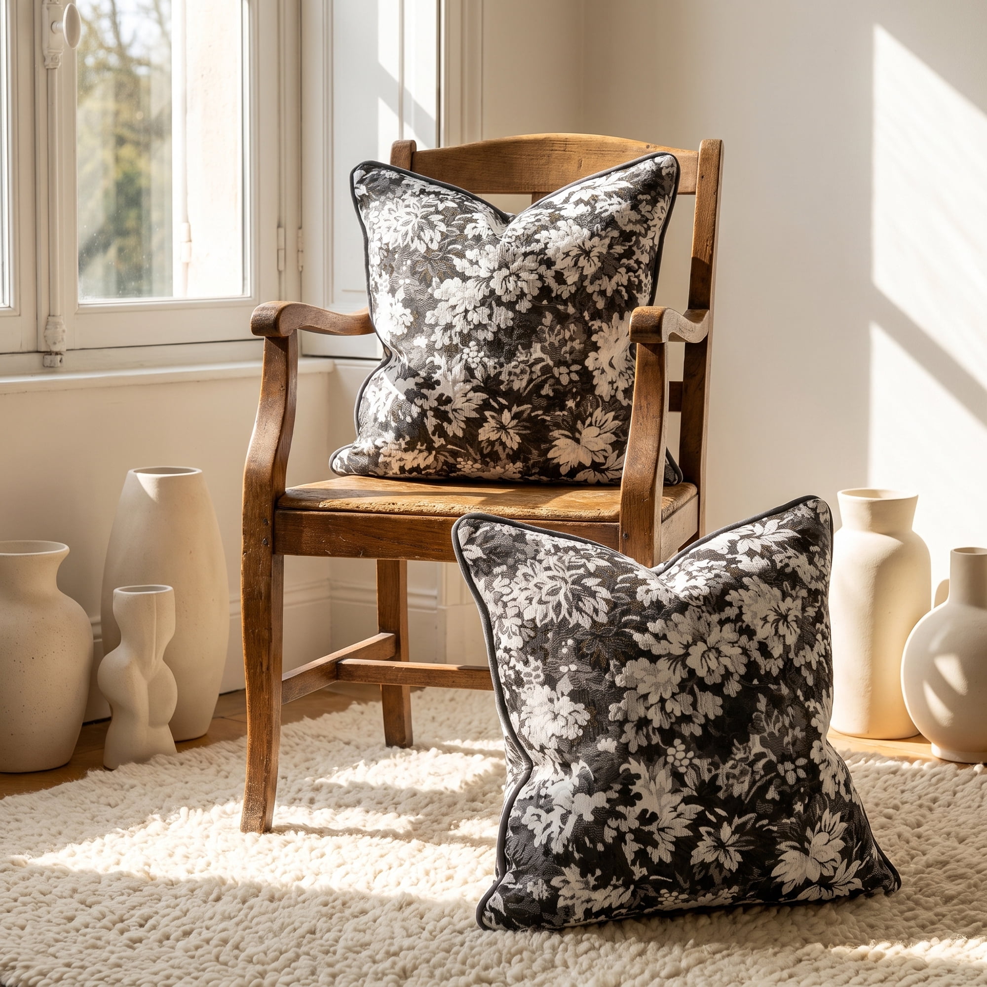 Unique Bargains Floral Throw Pillow Cover with Piped Edge Decor Cushion Case Black 18"x18"