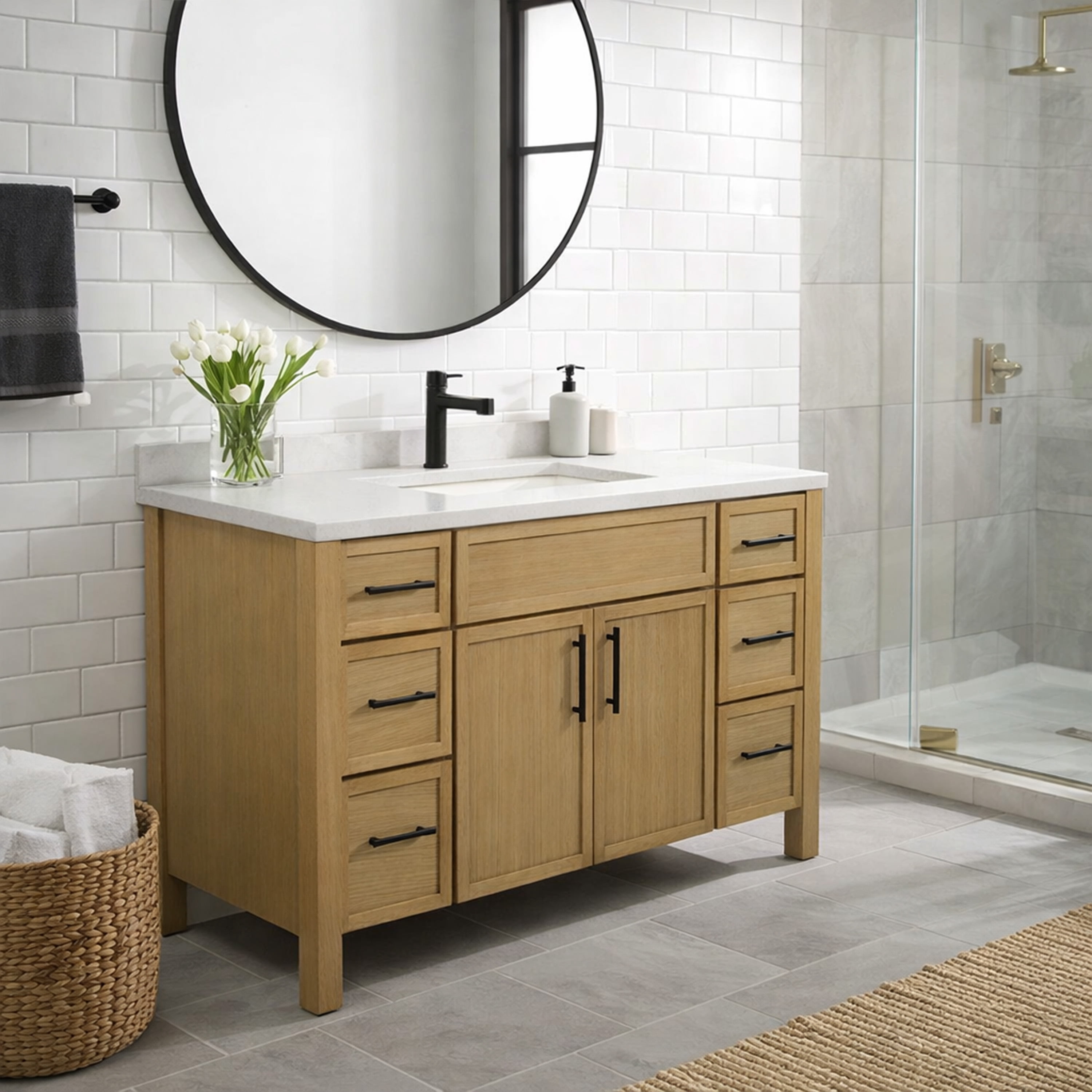 Design House Dawson 48-Inch Bathroom Vanity Cabinet, Fully Assembled, 2-Door 6-Drawer Freestanding, Comfort Height 34 in., Riffed Oak, Matte Black Hardware, 228445-ROAK-FA