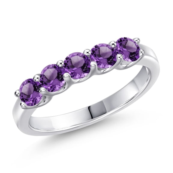 Gem Stone King 925 Sterling Silver Purple Amethyst Wedding-Bands Ring for Women | 0.80 Cttw | Round 3.5MM | Gemstone February Birthstone | Size 7