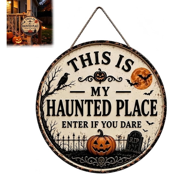 Halloween Door Sign Metal, Spooky Haunted House Decor for Front Door, Rustic Round Porch Hanging Plaque Outdoor Entryway Decoration(8in)Q