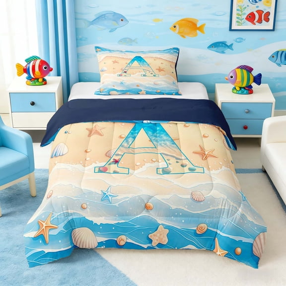 Manfei Cartoon Letter A Beach Seashell Starfish Twin Comforter Sets for Kids Boys and Girls, Nautical Alphabet Print Bedding Set, Navy Reversible 2pcs, 1 Comforter and 1 Pillowcase