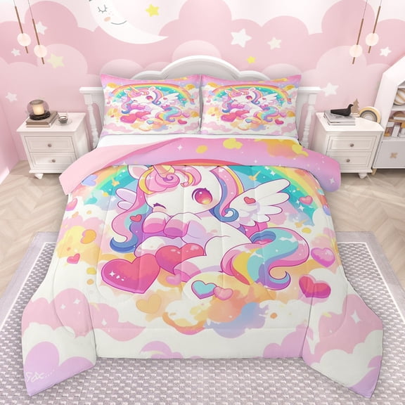 Manfei Cartoon Unicorn Bedding Comforter Set 2pcs for Kids Children,Kawaii Colorful Rainbow Twin Comforter Sets Microfiber,Cute Love Heart Breathable Bedding Set,Ultra Soft Home Decor,Reversible