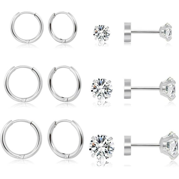 Dainty 6 Pairs Surgical Steel Earrings Sets for Multiple Piercing, Lightweight 14K Gold Plated Small Huggie Hoop Earrings, Flat Back Tiny Ball CZ Stud Earrings for Cartilage, Helix, Lobe