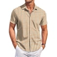 thumbnail image 2 of Hearthz Mens Button Down Short Sleeve Shirt Gingham Wrinkle Free Business Casual Shirts Vacation Beach Summer Mens Dress Shirts Brown L, 2 of 6