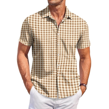Fabrcox Mens Short Sleeve Button Down Shirt Plaid Collared Fishing Shirt Summer Color Block Lightweight Men s Sun Shirt Brown 4XL