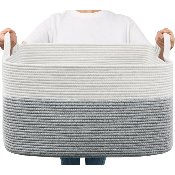 Goodpick Large Toy Storage Basket Grey Cotton Rope Basket Toy Storage Bin for Baby Kids Woven Storage Basket with Handle for Laundry Living Room Nursery Bedroom 21.6"" x 14.9"" x 11.8""