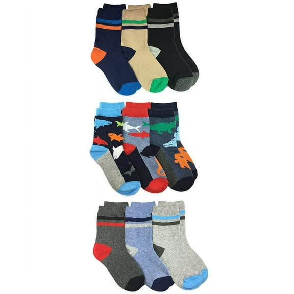 Jefferies Socks Boys Fashion Stripes Sharks Dinosaur Animal Pattern Crew Socks 9 Pair Pack