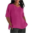 thumbnail image 4 of DDAPJ pyju Linen Shirts for Women 2025 Trendy Side Slit Short Sleeve Tops Dressy Casual V Neck Blouses Hot Pink XL, 4 of 6