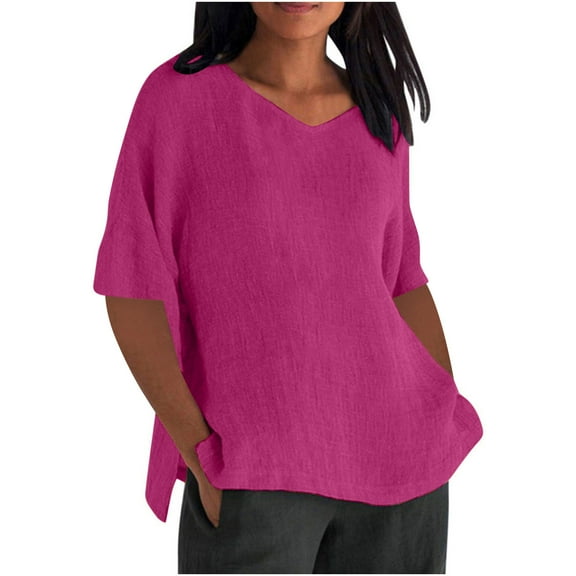 Tops for Women Plus Size Short Sleeve V-Neck Loose Tunic Cotton Linen Summer Shirts Blouse Hot Pink L