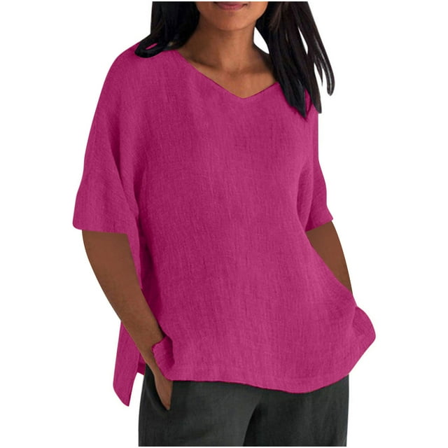 Bocqde T-shirts en Coton et Lin à Manches Courtes pour Femmes Mode Décontractée Pull Col Rond Blouse Tops Couleur Unie Confortable T-shirts Fendus sur le Côté
