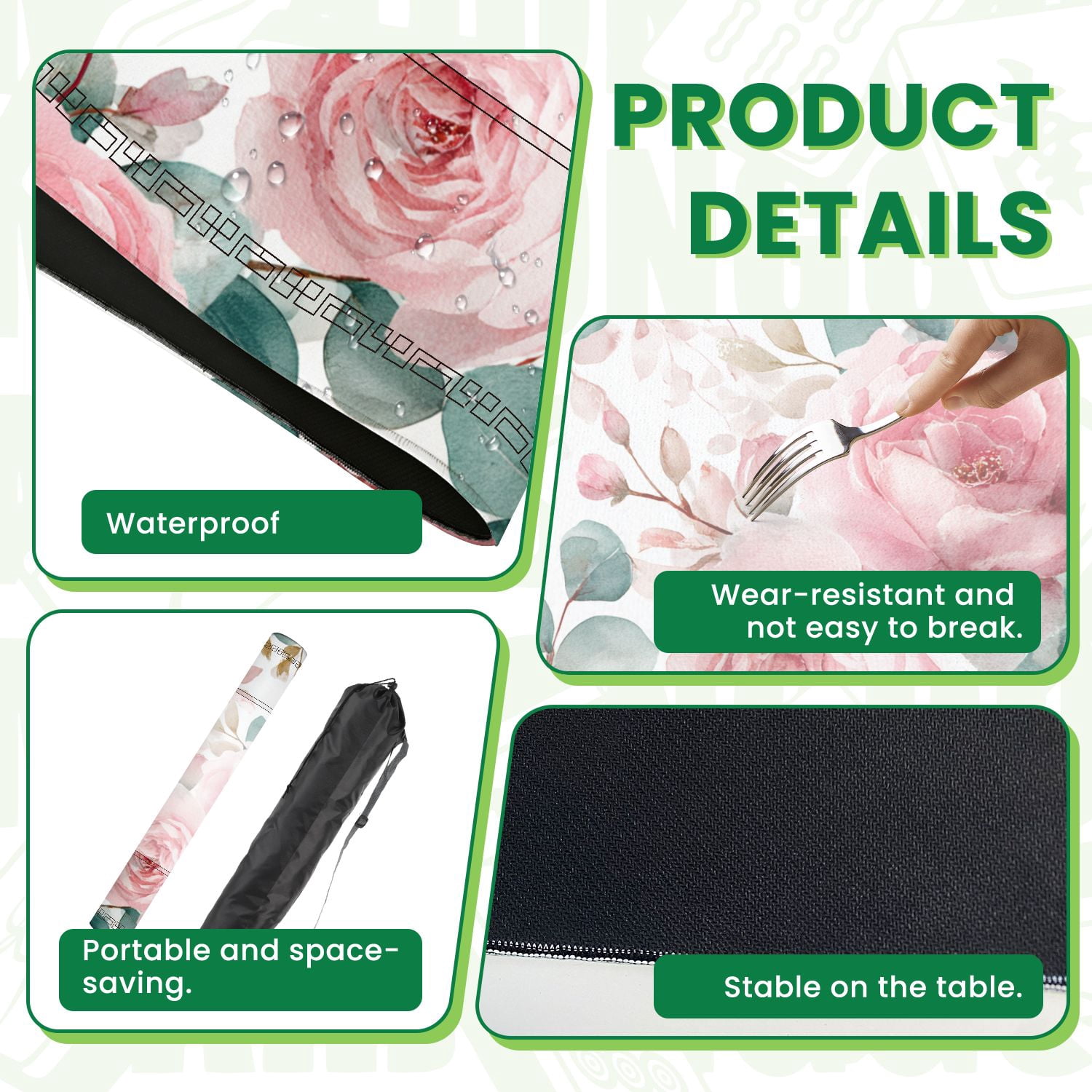 Mahjong Mat 31.5" x 31.5" Seamless watercolor floral pink flowers green leaves Non-Slip Noise Reduction American Mahjong Tiles Table Cover for Dominoes Poker Card Board Games Gift