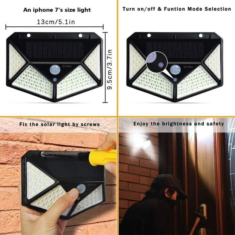 Set of 4, Solar Lights Outdoor, 3 Lighting Modes, 100 LEDs, Motion Sensing Wall Light, Weatherproof for Yard, Stairs, Garage, Fence, Porch