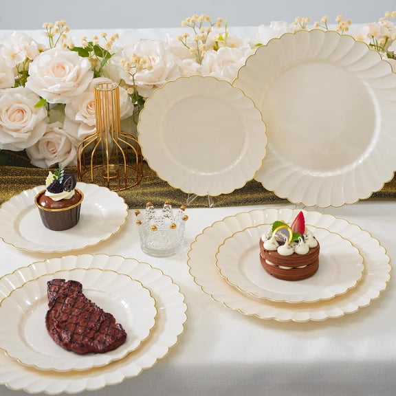 175PCS Ivory Fancy Disposable Dinnerware Set - Ivory Scalloped Plastic Plates with Gold Rim